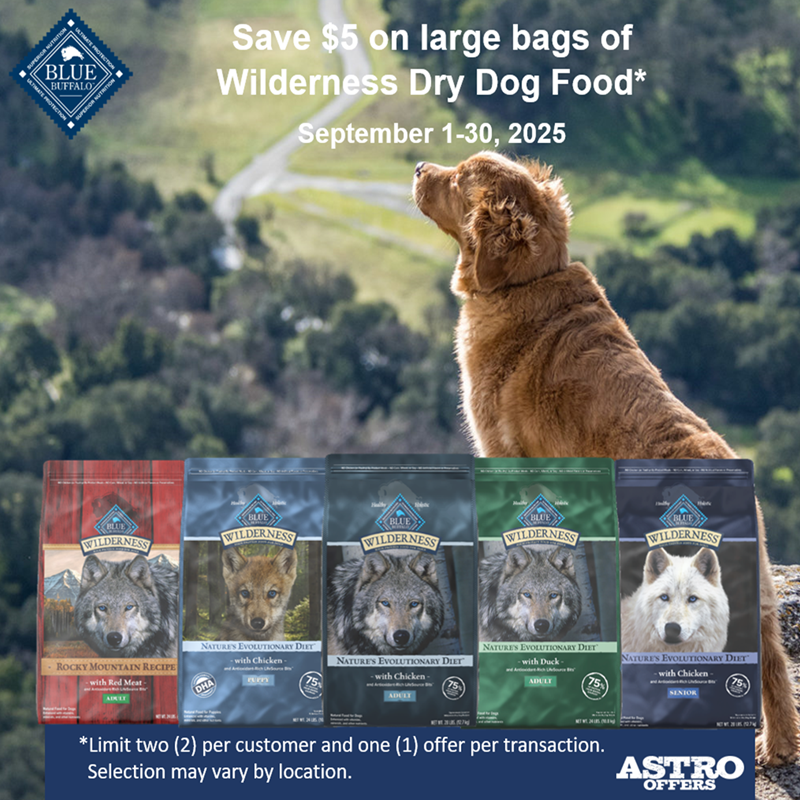 Astro | Blue Buffalo | $5.00 OFF Large Bags of Wilderness Dry Dog Food