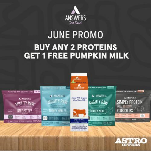 Astro | Answers Pet Food | FREE Pumpkin Milk with Purchase of 2 Proteins