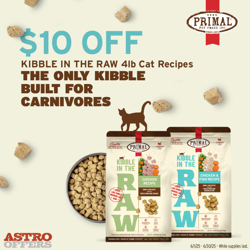 Astro | Primal Pet Foods | $10.00 OFF Kibble in the Raw 4lb Cat Recipes