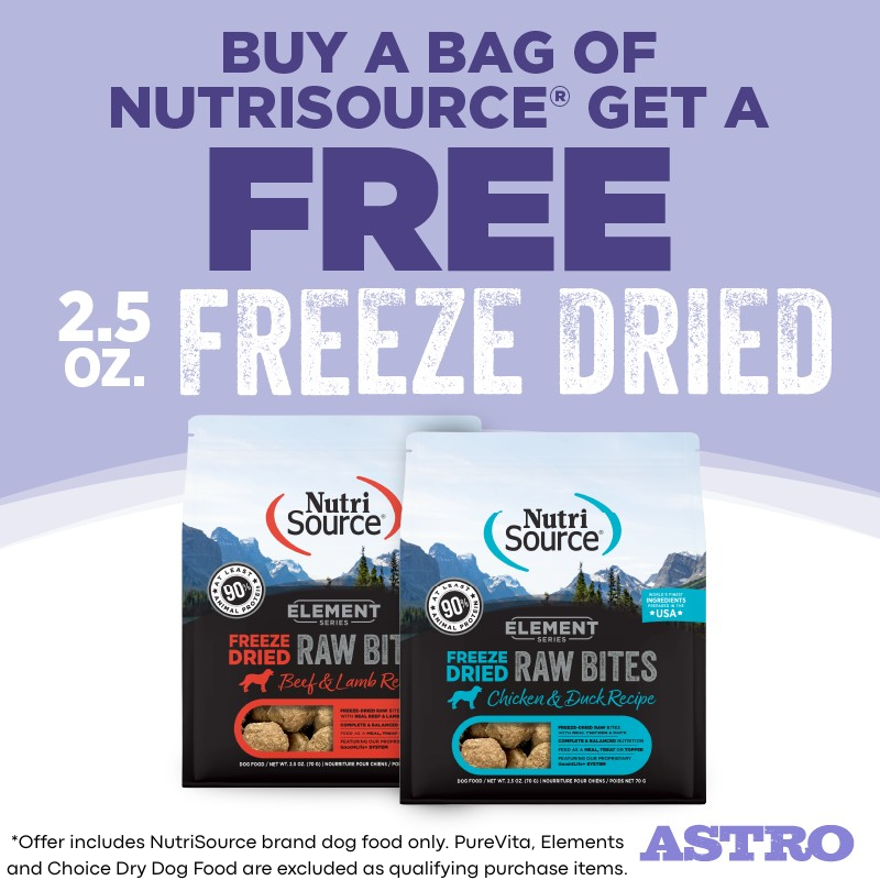 Astro | NutriSource | FREE 2.5oz Elements Freeze Dried Bites with Qualifying Dog Kibble Purchase