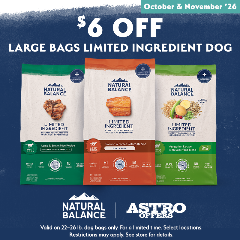 Astro | Natural Balance | $6.00 OFF Large Bags of Limited Ingredient Dry Dog Food 
