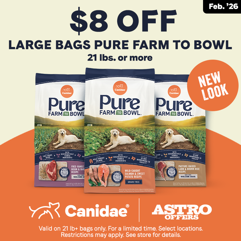 Astro | Canidae | $8.00 OFF Large Bags of Pure Farm to Bowl Dry Dog Food 