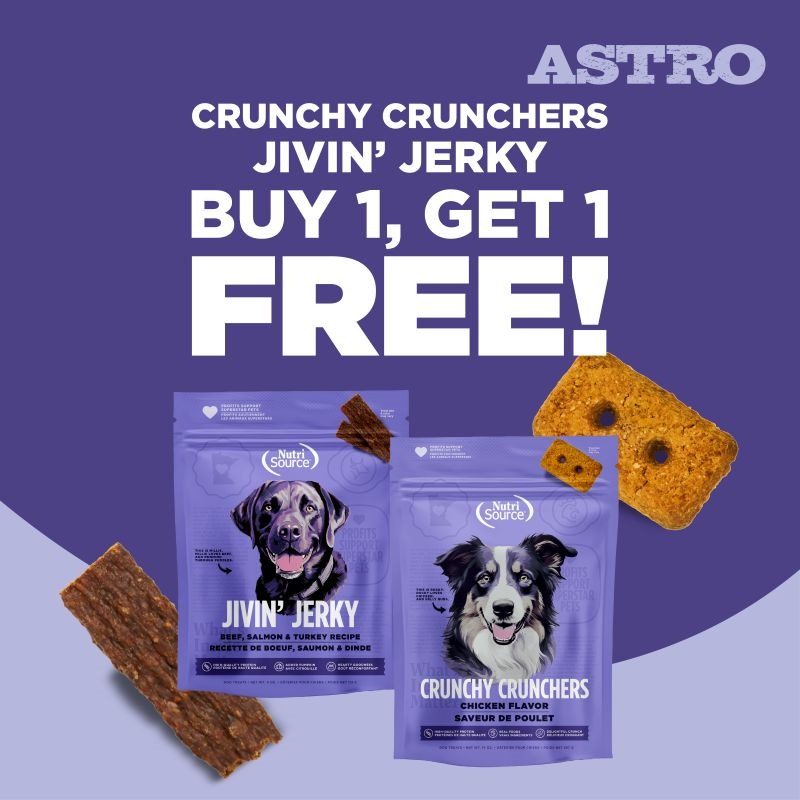 Astro | NutriSource & Choice | Buy 1, Get 1 FREE on Crunchy Crunchers & NutriSource Jivin' Jerky!