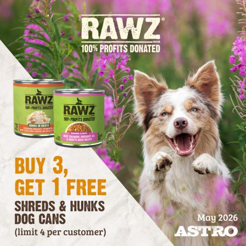 Astro | RAWZ | Buy 3, Get 1 FREE on Shreds & Hunks Dog Cans