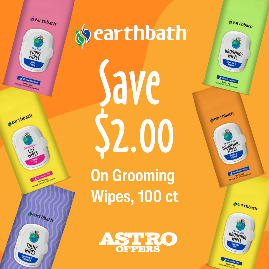 Astro | earthbath | $2.00 OFF 100ct Grooming Wipes