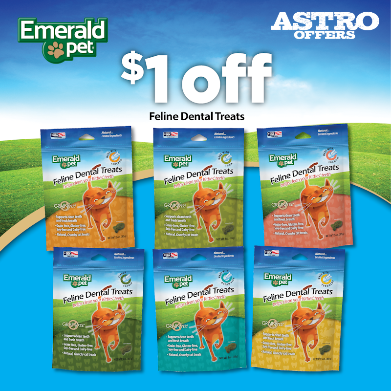 Astro | Emerald Pet | $1.00 OFF Feline Dental Treat 3oz Pouches