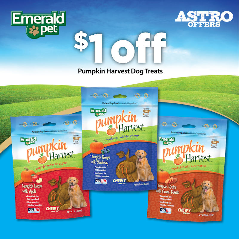 Astro | Emerald Pet | $1.00 OFF Pumpkin Harvest Chewy Dog Treats