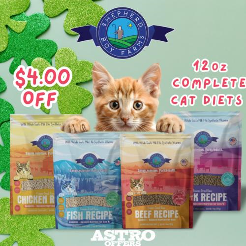 Astro | Shepherd Boy Farms | $4.00 OFF 12oz Cat Food Complete Diets
