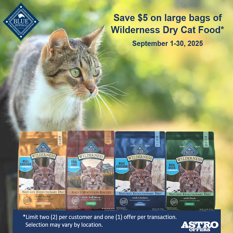 Astro | Blue Buffalo | $5.00 OFF Large Bag of Wilderness Dry Cat Food