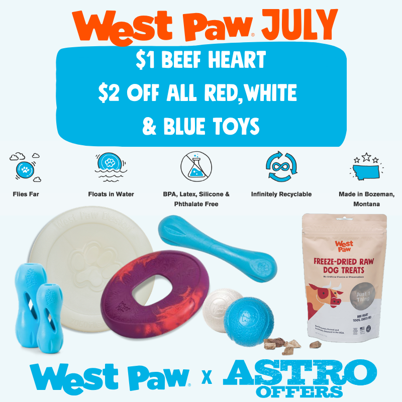 Astro | West Paw | Dollars OFF Red, White, and Blue Toys and Beef Heart Treats!