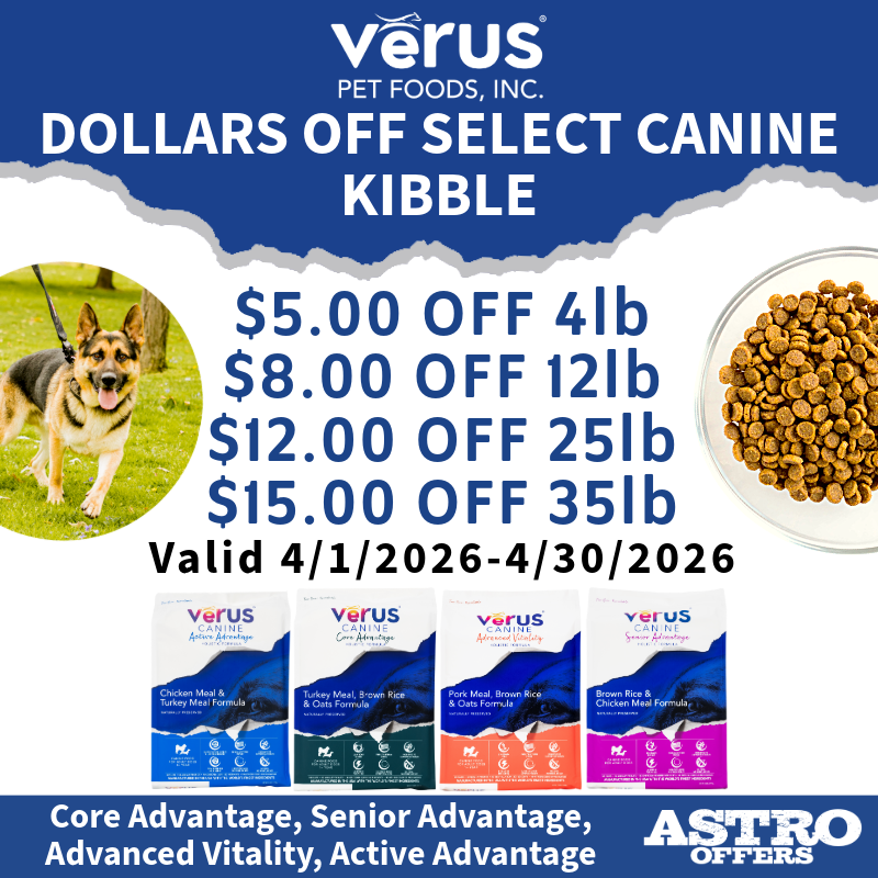 Astro | VeRUS Pet Foods l Dollars OFF Select Canine Kibble Formulas