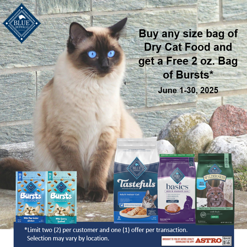 Astro | Blue Buffalo | FREE 2oz Bursts Cat Treats with Purchase of Dry Cat Food