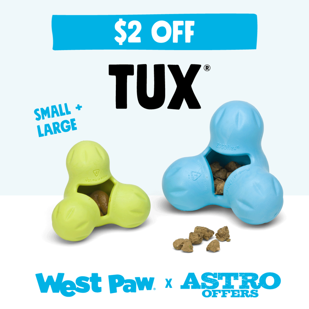 Astro | West Paw | $2.00 OFF Small and Large Tux Puzzle and Chew Toys