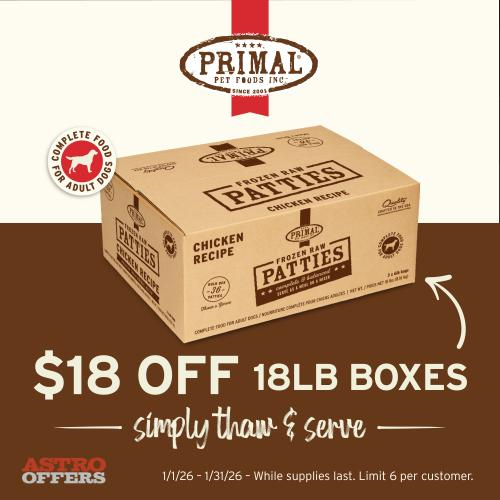Astro | Primal Pet Foods | $18.00 OFF 18LB Bulk Frozen Boxes 